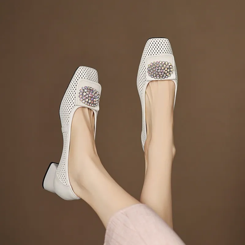 Spring/Summer Square Toe Chunky Heel High Heel Flats with Hollow Out Rhinestones and Cowhide Fashion Shoes for Women