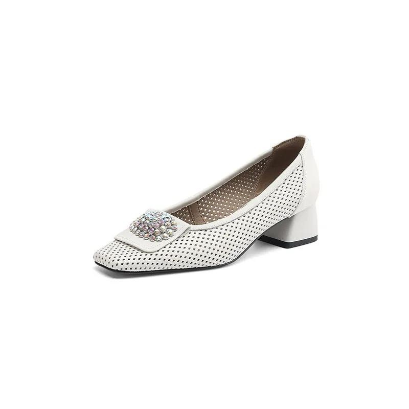 Spring/Summer Square Toe Chunky Heel High Heel Flats with Hollow Out Rhinestones and Cowhide Fashion Shoes for Women