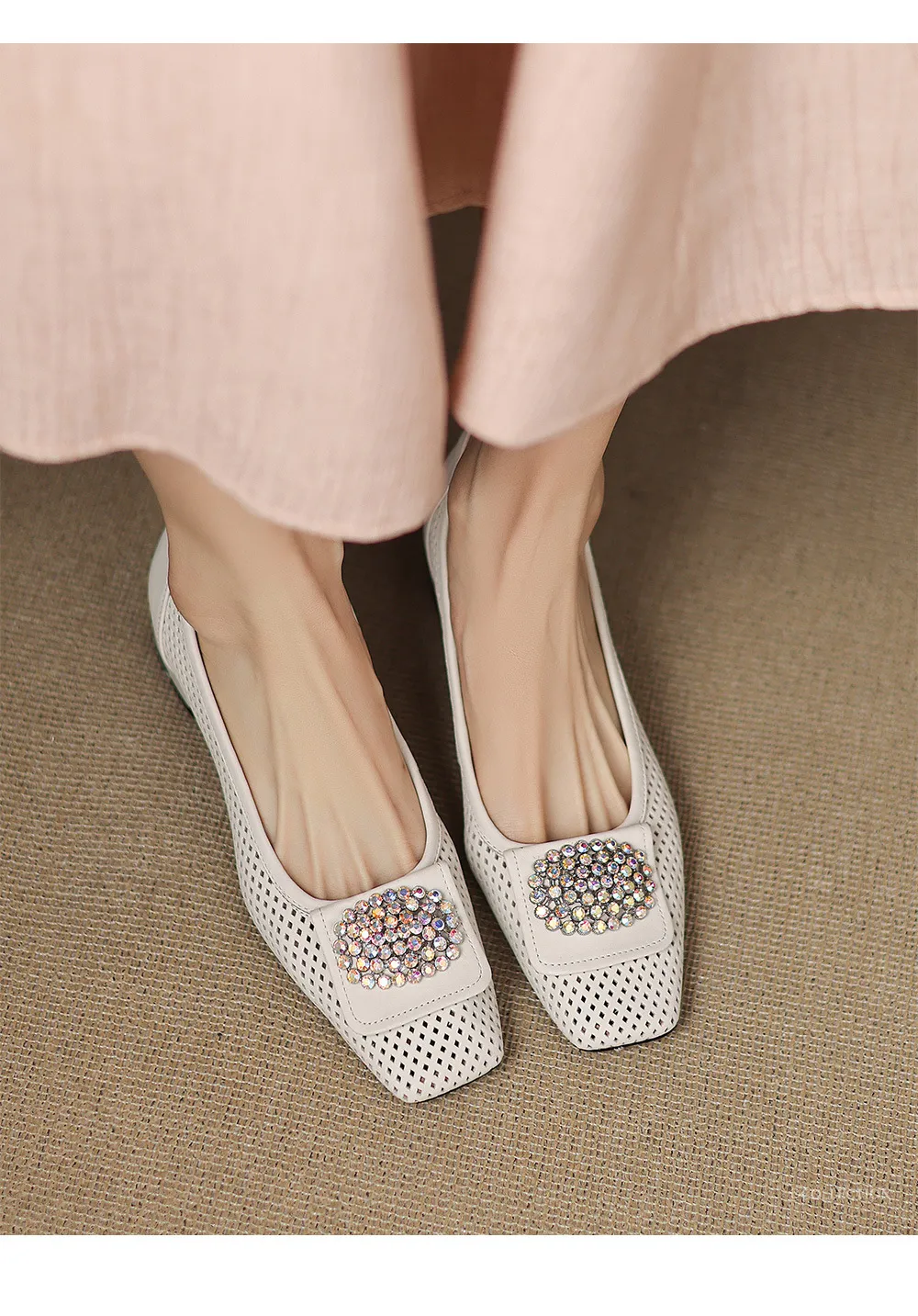 Spring/Summer Square Toe Chunky Heel High Heel Flats with Hollow Out Rhinestones and Cowhide Fashion Shoes for Women