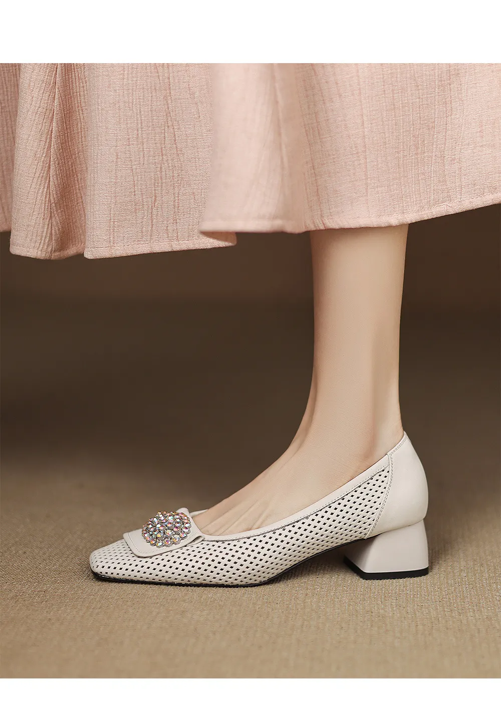 Spring/Summer Square Toe Chunky Heel High Heel Flats with Hollow Out Rhinestones and Cowhide Fashion Shoes for Women