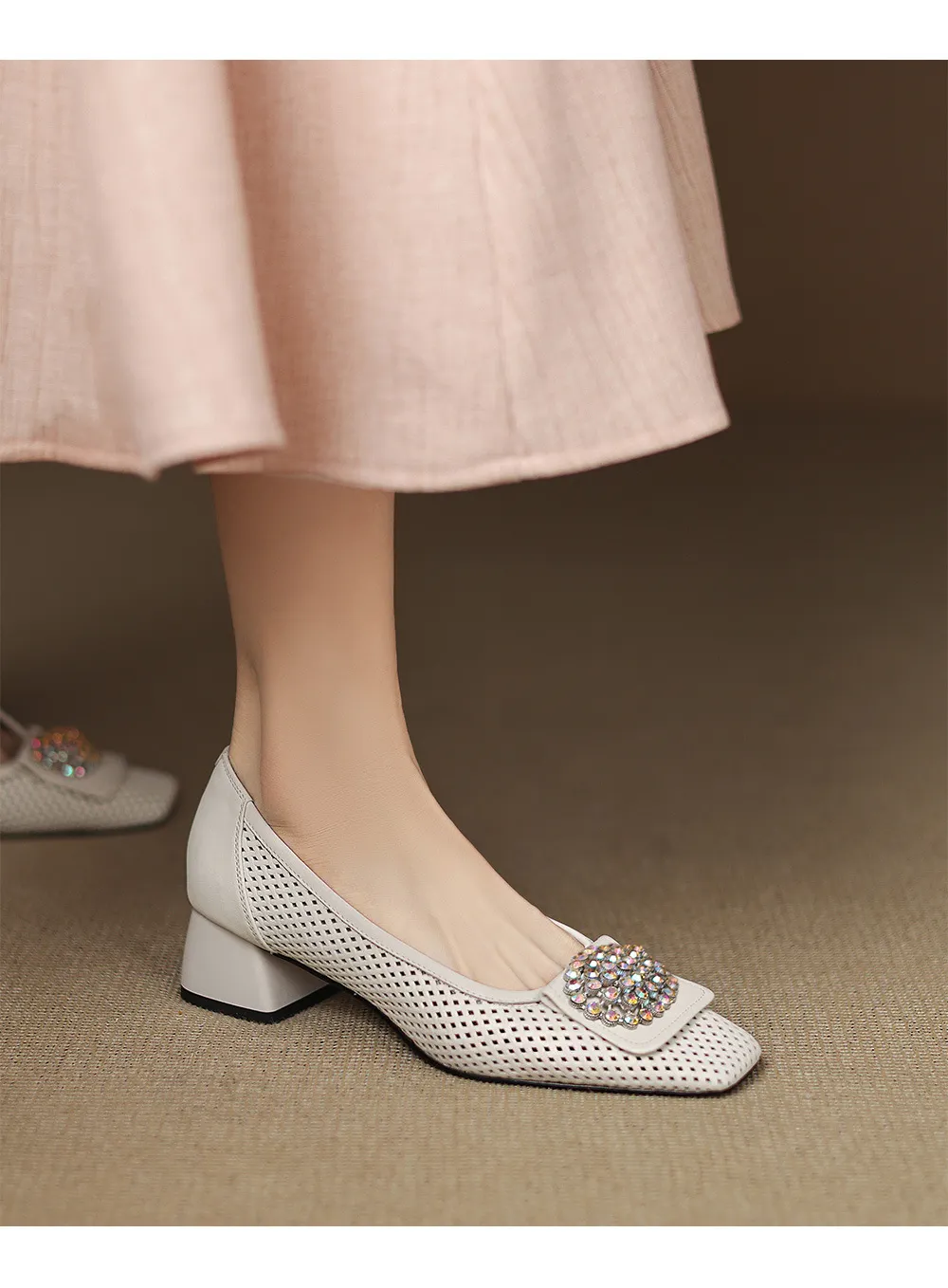 Spring/Summer Square Toe Chunky Heel High Heel Flats with Hollow Out Rhinestones and Cowhide Fashion Shoes for Women
