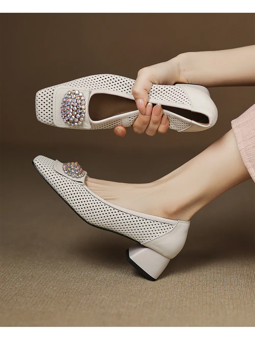 Spring/Summer Square Toe Chunky Heel High Heel Flats with Hollow Out Rhinestones and Cowhide Fashion Shoes for Women