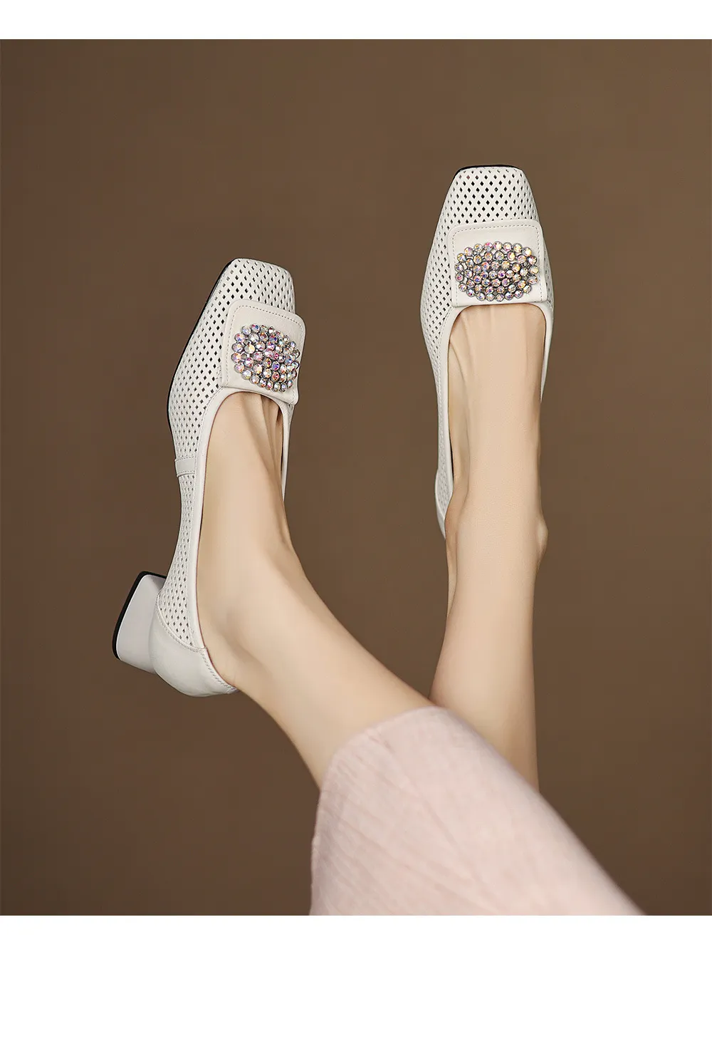 Spring/Summer Square Toe Chunky Heel High Heel Flats with Hollow Out Rhinestones and Cowhide Fashion Shoes for Women