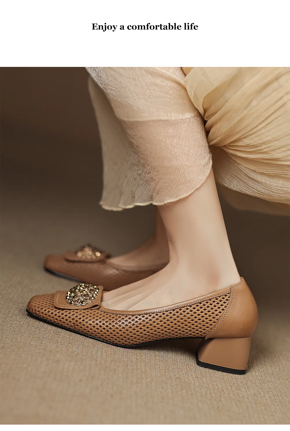 Spring/Summer Square Toe Chunky Heel High Heel Flats with Hollow Out Rhinestones and Cowhide Fashion Shoes for Women