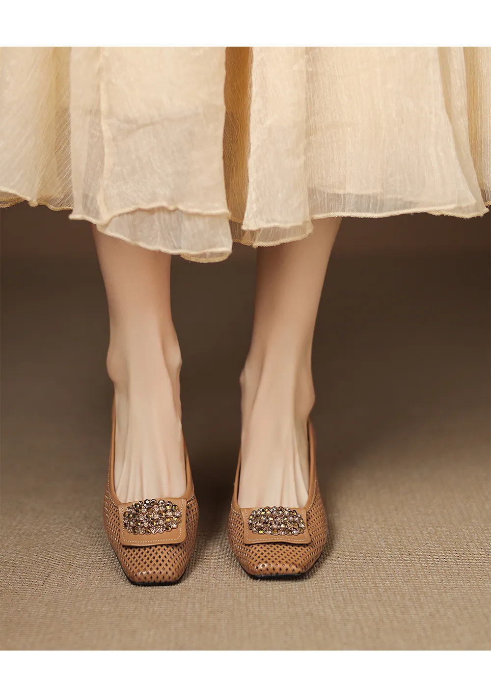 Spring/Summer Square Toe Chunky Heel High Heel Flats with Hollow Out Rhinestones and Cowhide Fashion Shoes for Women
