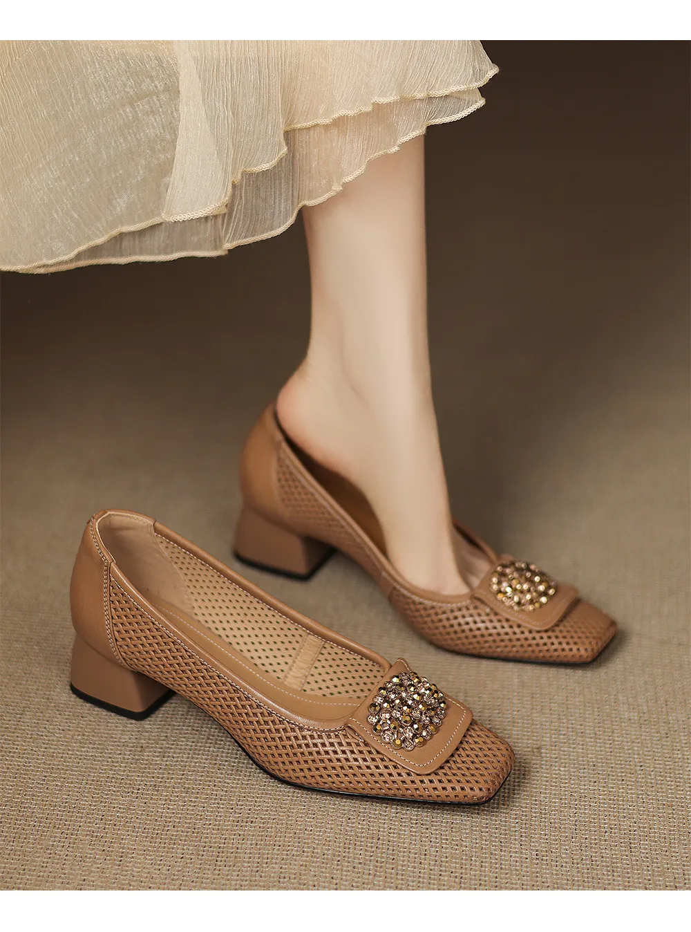 Spring/Summer Square Toe Chunky Heel High Heel Flats with Hollow Out Rhinestones and Cowhide Fashion Shoes for Women