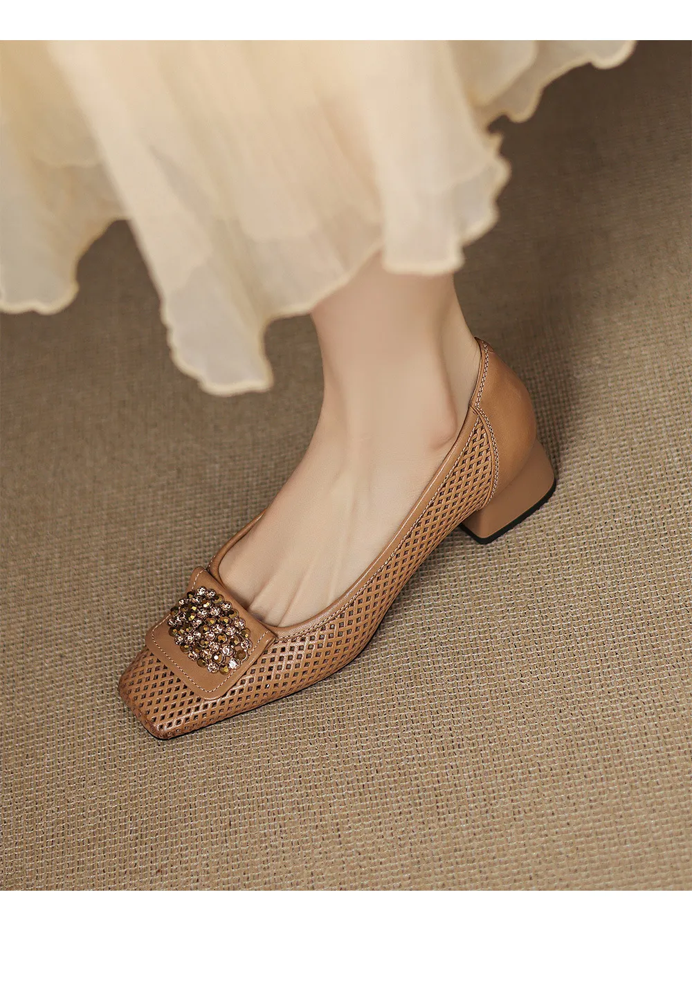 Spring/Summer Square Toe Chunky Heel High Heel Flats with Hollow Out Rhinestones and Cowhide Fashion Shoes for Women