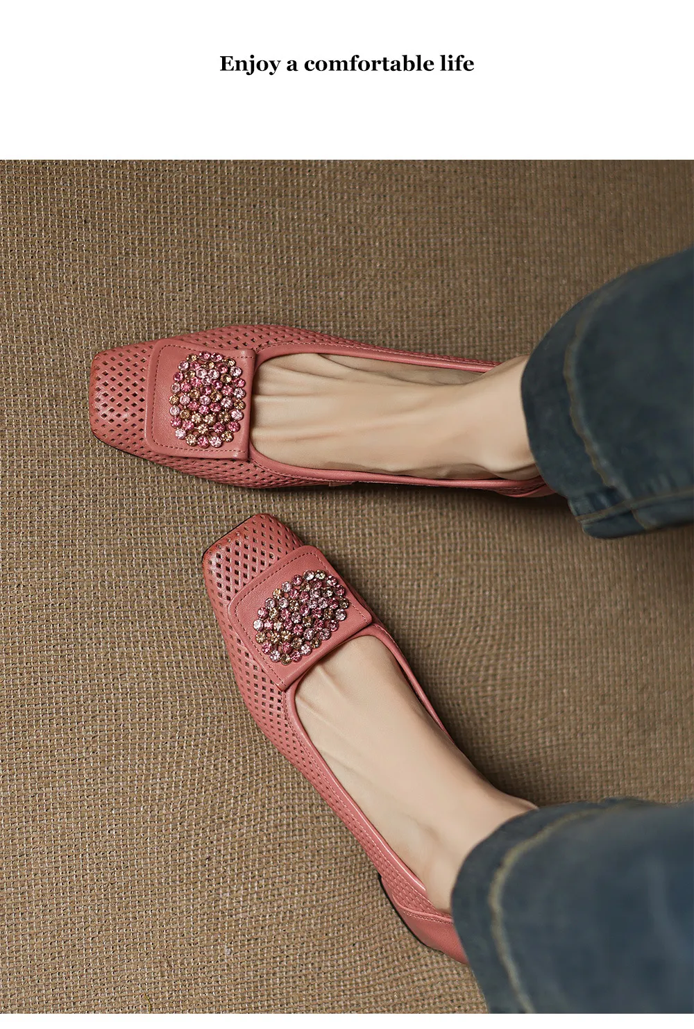 Spring/Summer Square Toe Chunky Heel High Heel Flats with Hollow Out Rhinestones and Cowhide Fashion Shoes for Women