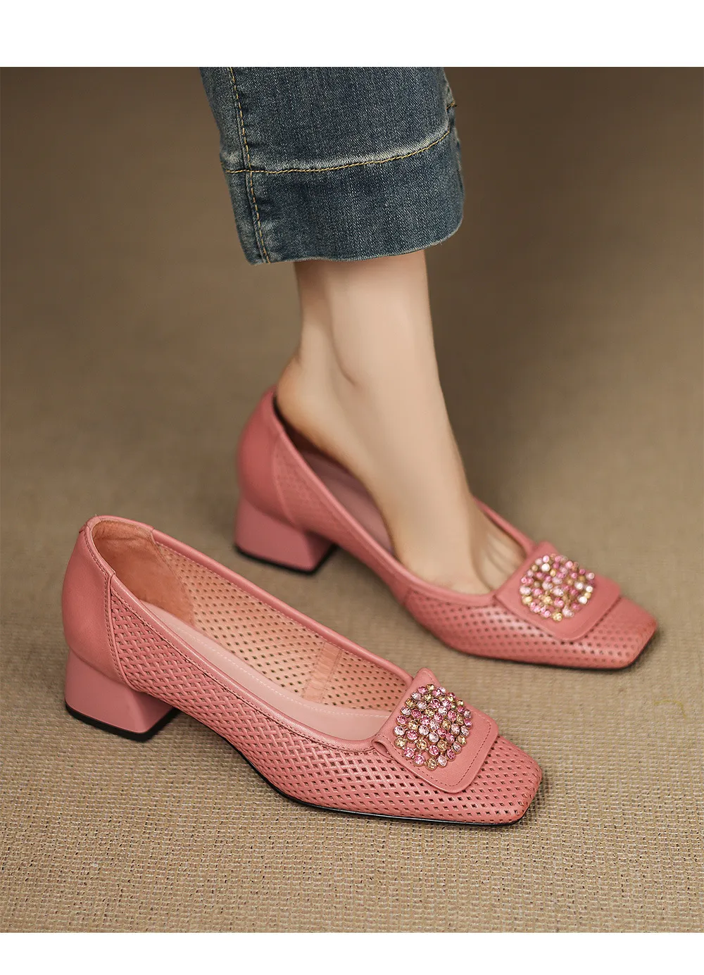 Spring/Summer Square Toe Chunky Heel High Heel Flats with Hollow Out Rhinestones and Cowhide Fashion Shoes for Women