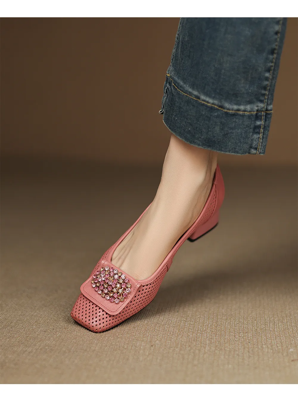 Spring/Summer Square Toe Chunky Heel High Heel Flats with Hollow Out Rhinestones and Cowhide Fashion Shoes for Women