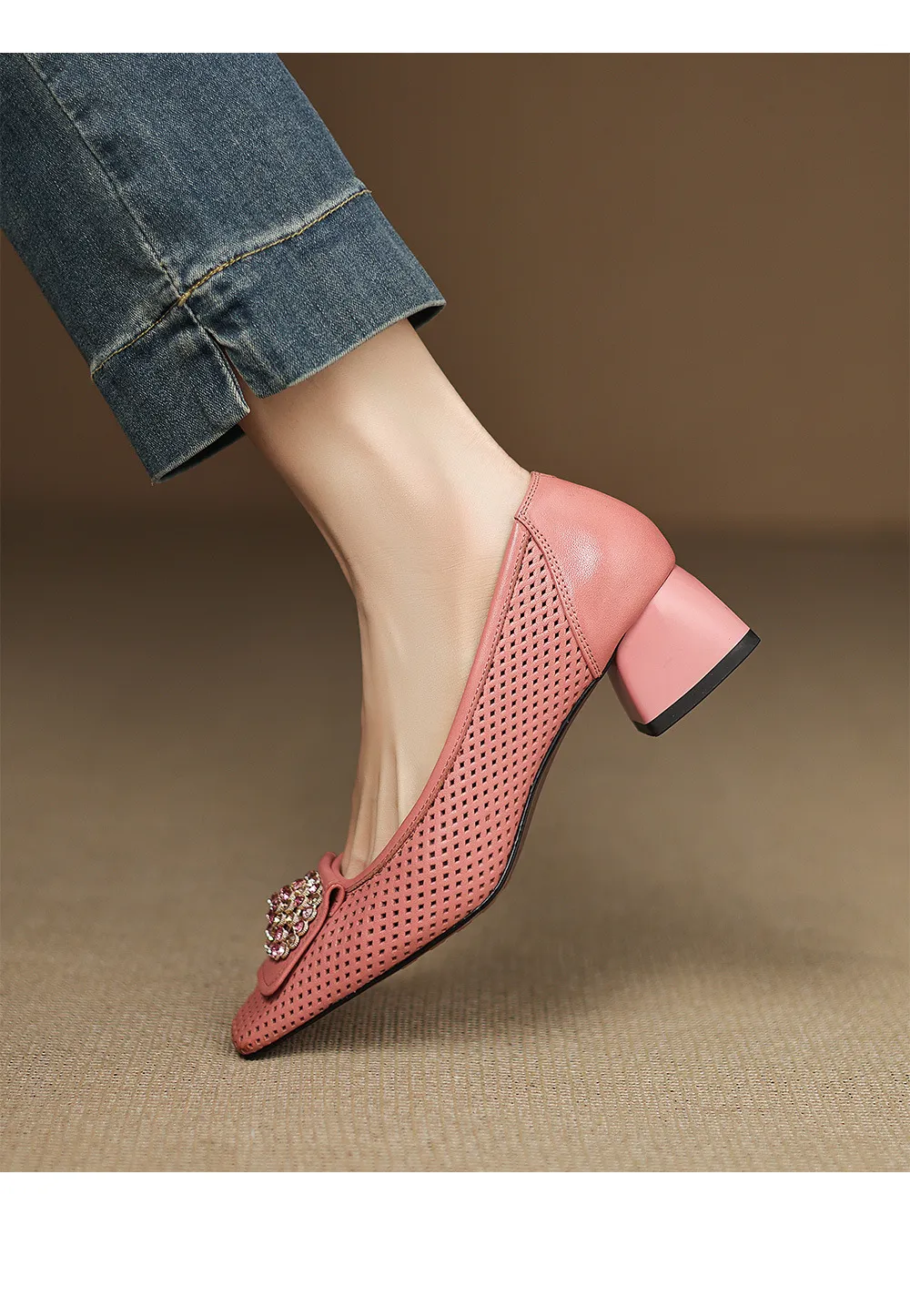 Spring/Summer Square Toe Chunky Heel High Heel Flats with Hollow Out Rhinestones and Cowhide Fashion Shoes for Women