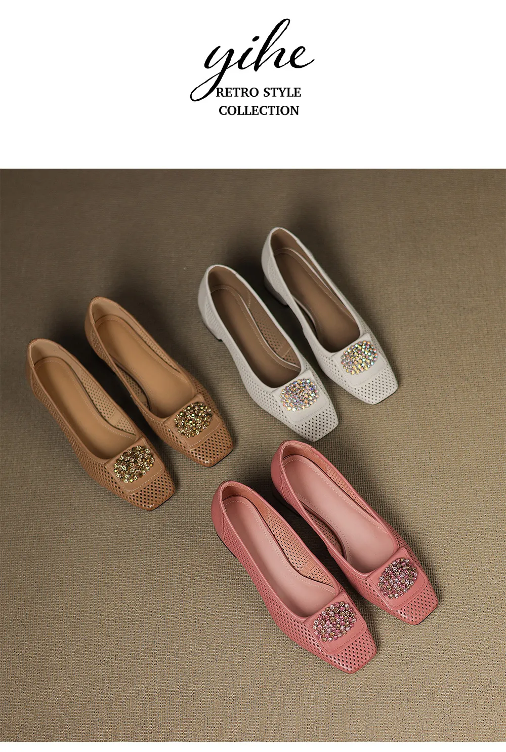 Spring/Summer Square Toe Chunky Heel High Heel Flats with Hollow Out Rhinestones and Cowhide Fashion Shoes for Women