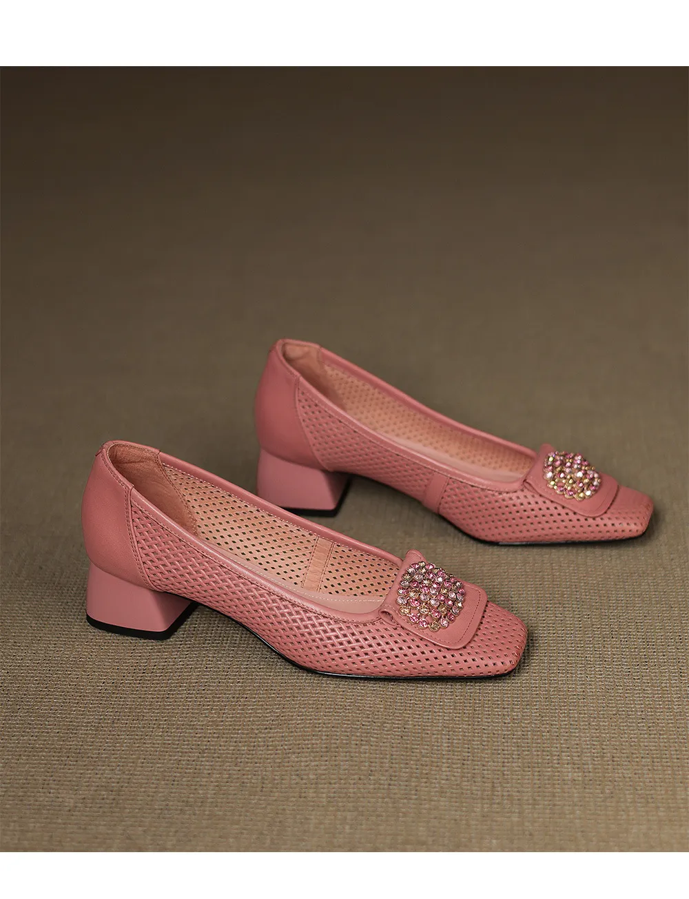 Spring/Summer Square Toe Chunky Heel High Heel Flats with Hollow Out Rhinestones and Cowhide Fashion Shoes for Women