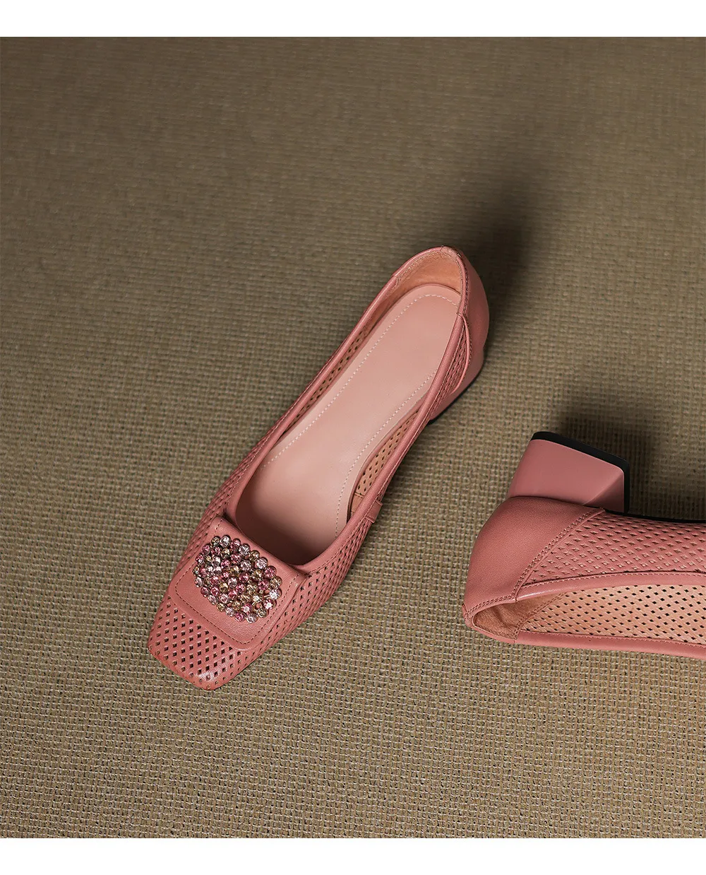 Spring/Summer Square Toe Chunky Heel High Heel Flats with Hollow Out Rhinestones and Cowhide Fashion Shoes for Women