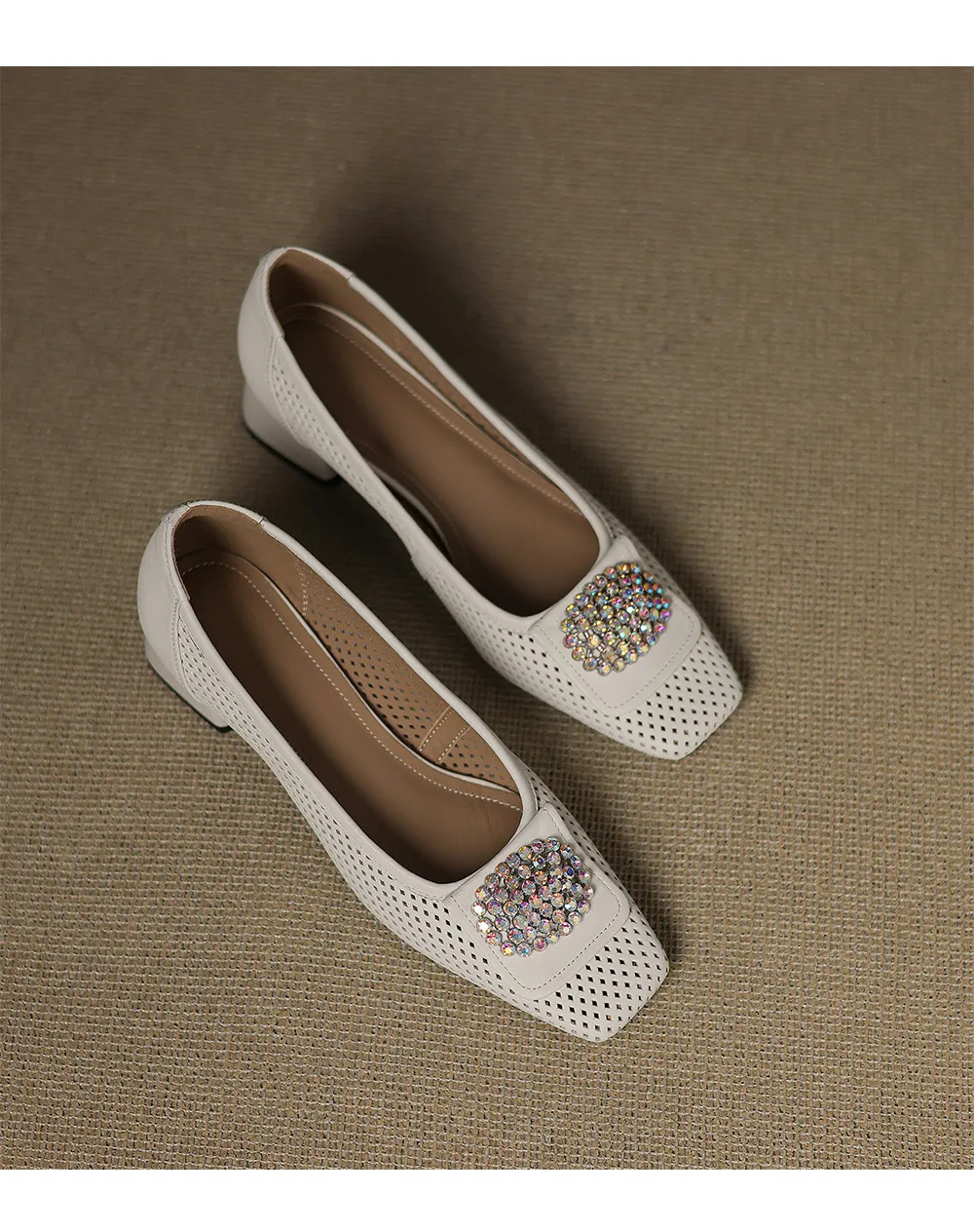 Spring/Summer Square Toe Chunky Heel High Heel Flats with Hollow Out Rhinestones and Cowhide Fashion Shoes for Women