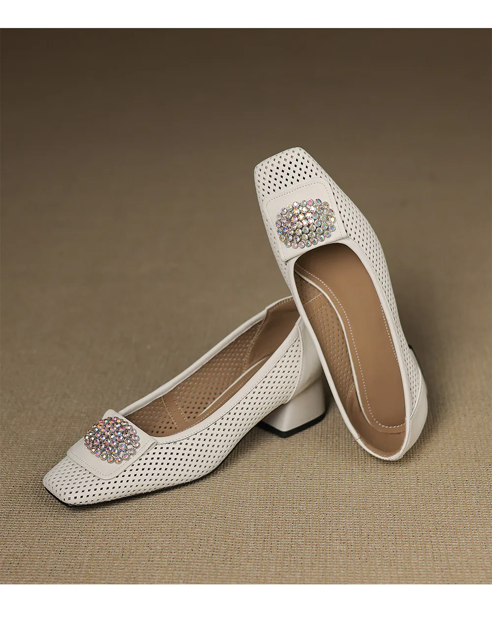 Spring/Summer Square Toe Chunky Heel High Heel Flats with Hollow Out Rhinestones and Cowhide Fashion Shoes for Women