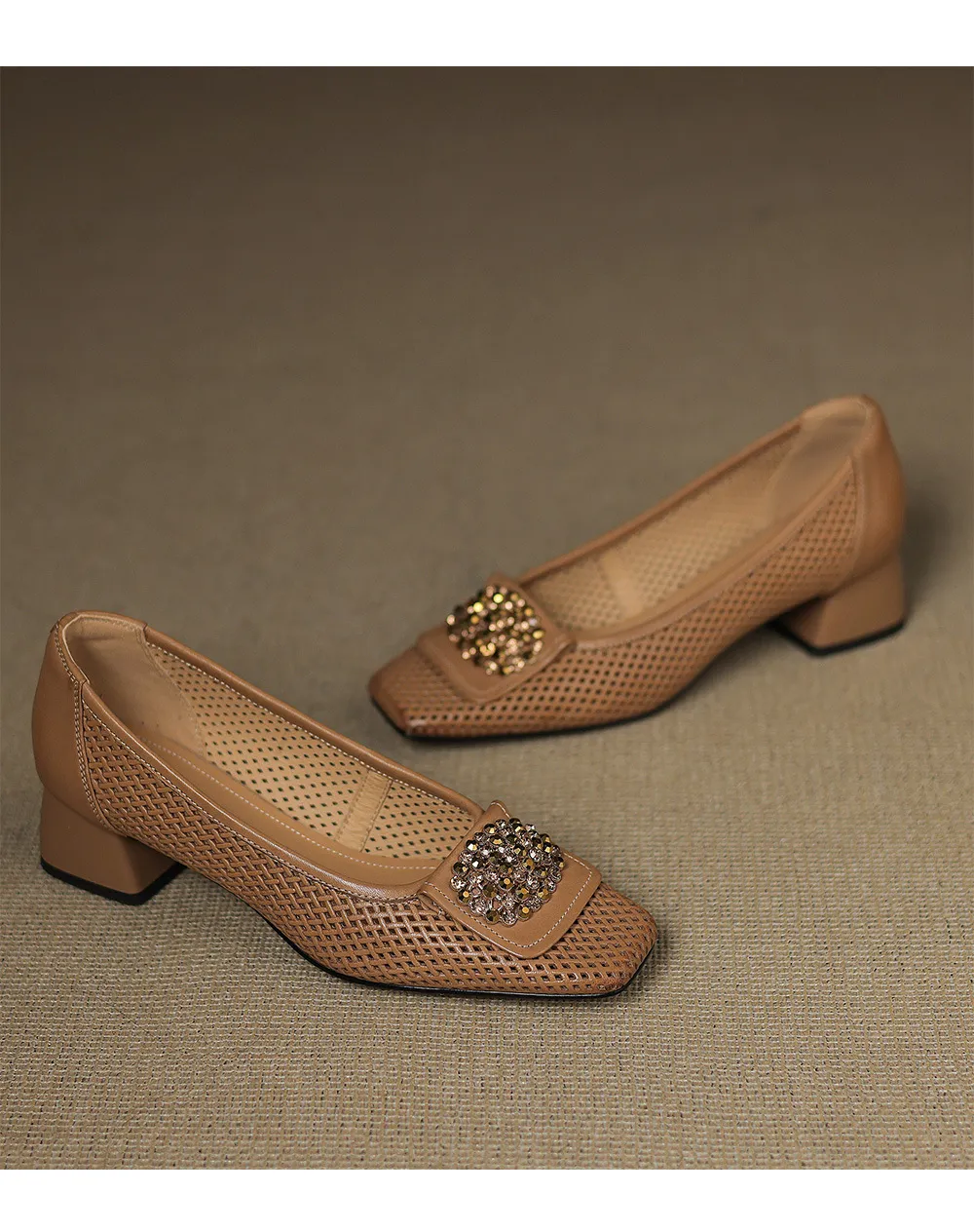 Spring/Summer Square Toe Chunky Heel High Heel Flats with Hollow Out Rhinestones and Cowhide Fashion Shoes for Women
