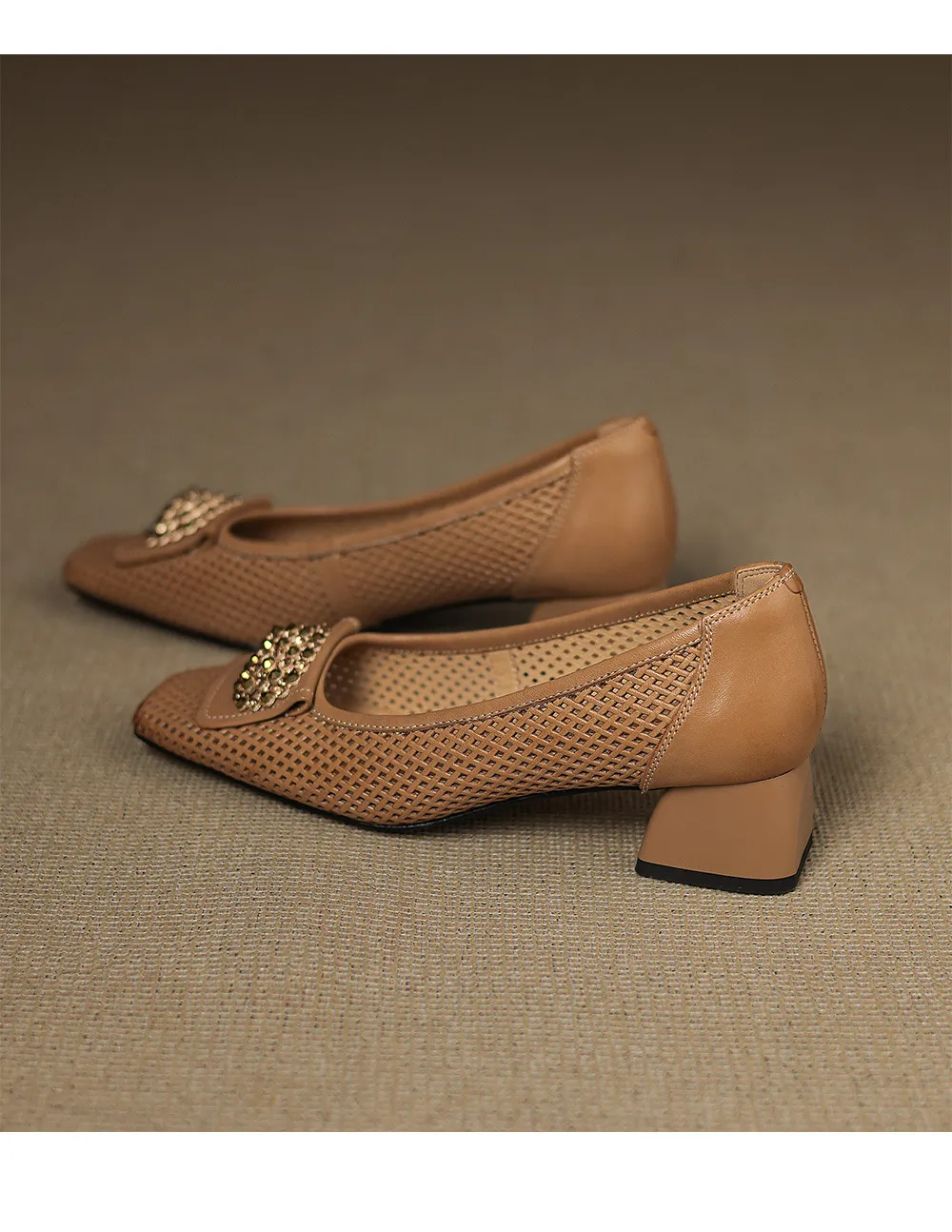 Spring/Summer Square Toe Chunky Heel High Heel Flats with Hollow Out Rhinestones and Cowhide Fashion Shoes for Women