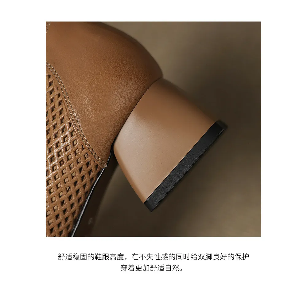 Spring/Summer Square Toe Chunky Heel High Heel Flats with Hollow Out Rhinestones and Cowhide Fashion Shoes for Women