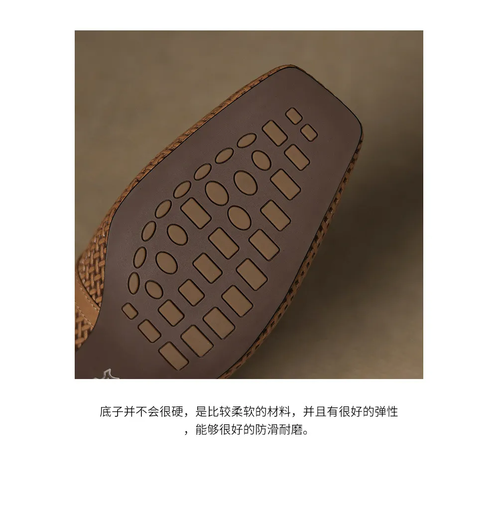 Spring/Summer Square Toe Chunky Heel High Heel Flats with Hollow Out Rhinestones and Cowhide Fashion Shoes for Women