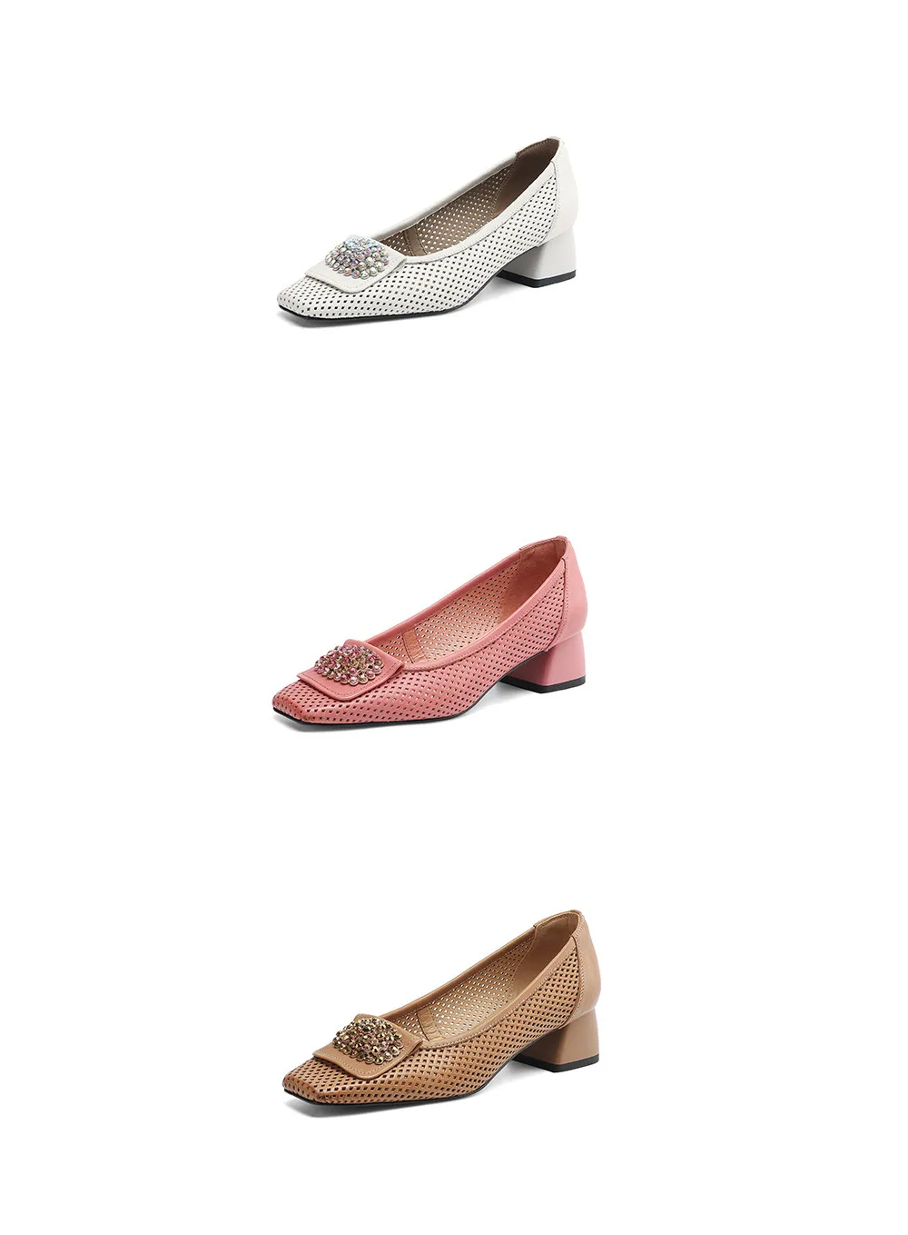 Spring/Summer Square Toe Chunky Heel High Heel Flats with Hollow Out Rhinestones and Cowhide Fashion Shoes for Women