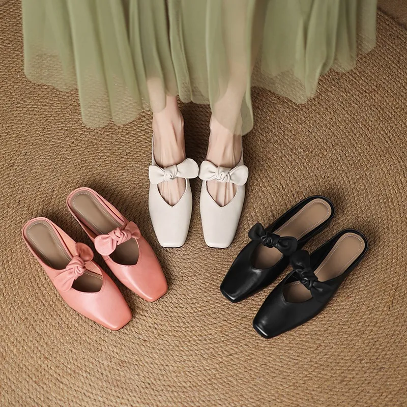 Spring/Summer Slippers, Square Toe, Bow, Chunky Heel, Mid-Heel, Fashionable Women's Shoes, Simple and Comfortable