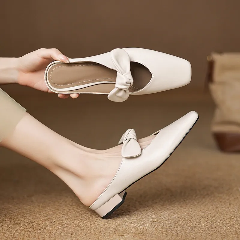 Spring/Summer Slippers, Square Toe, Bow, Chunky Heel, Mid-Heel, Fashionable Women's Shoes, Simple and Comfortable