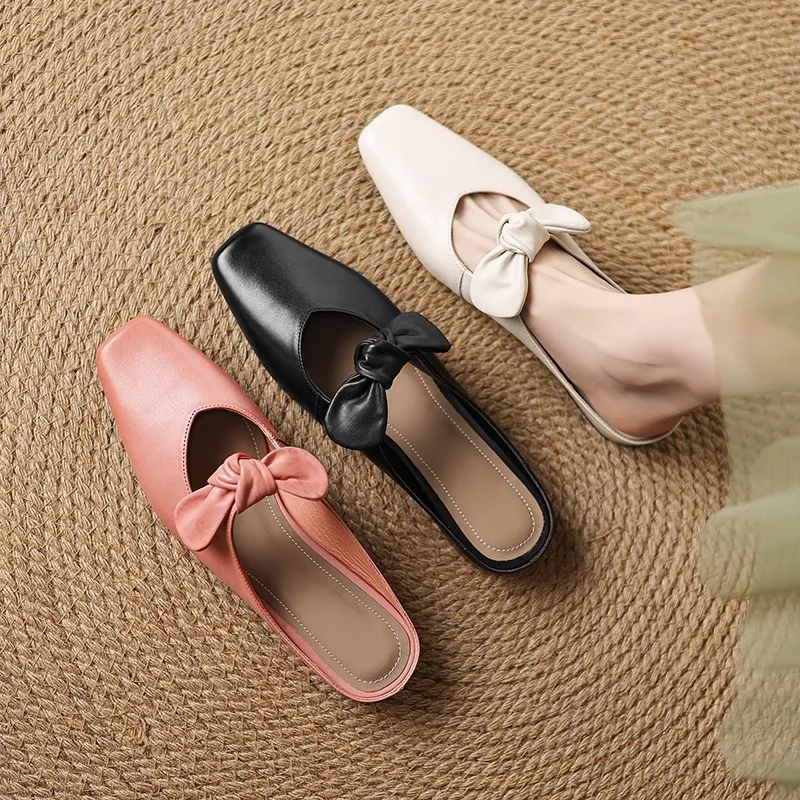Spring/Summer Slippers, Square Toe, Bow, Chunky Heel, Mid-Heel, Fashionable Women's Shoes, Simple and Comfortable