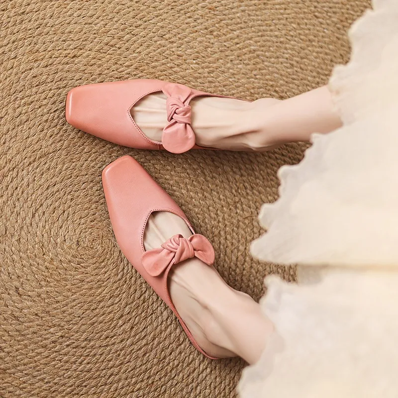 Spring/Summer Slippers, Square Toe, Bow, Chunky Heel, Mid-Heel, Fashionable Women's Shoes, Simple and Comfortable