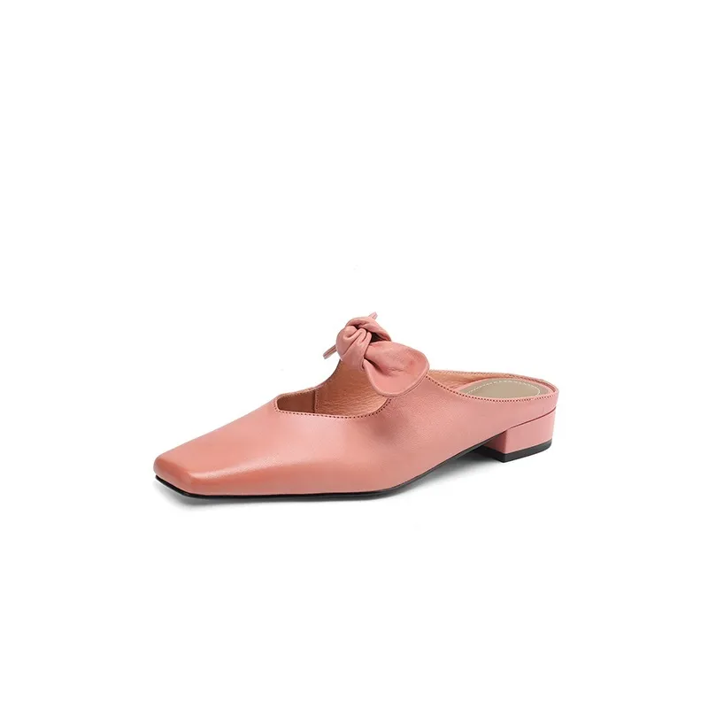Spring/Summer Slippers, Square Toe, Bow, Chunky Heel, Mid-Heel, Fashionable Women's Shoes, Simple and Comfortable