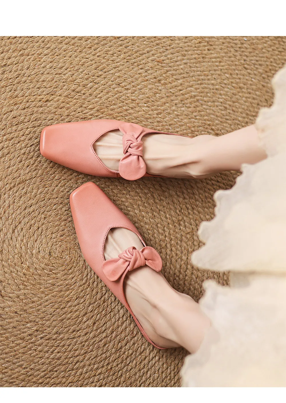 Spring/Summer Slippers, Square Toe, Bow, Chunky Heel, Mid-Heel, Fashionable Women's Shoes, Simple and Comfortable