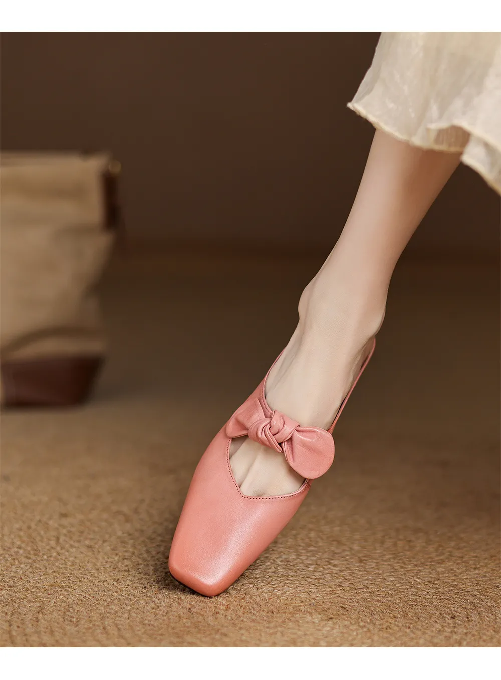 Spring/Summer Slippers, Square Toe, Bow, Chunky Heel, Mid-Heel, Fashionable Women's Shoes, Simple and Comfortable