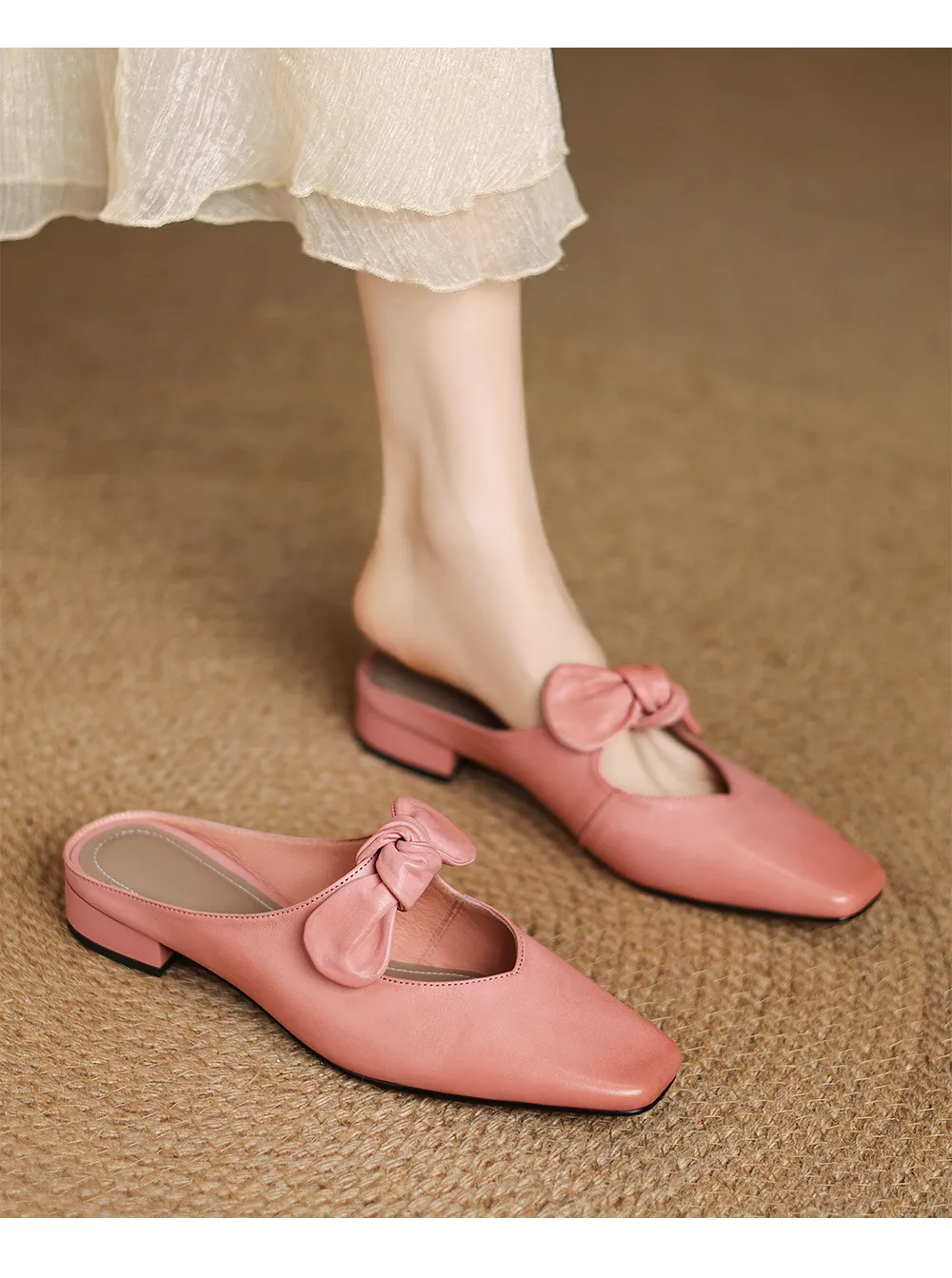 Spring/Summer Slippers, Square Toe, Bow, Chunky Heel, Mid-Heel, Fashionable Women's Shoes, Simple and Comfortable