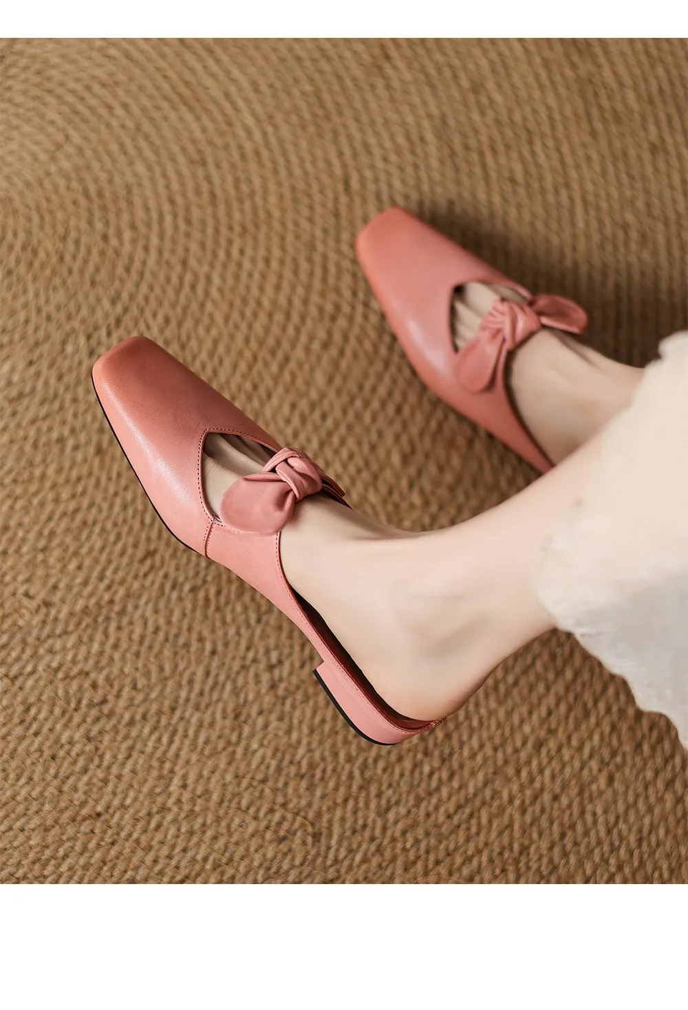 Spring/Summer Slippers, Square Toe, Bow, Chunky Heel, Mid-Heel, Fashionable Women's Shoes, Simple and Comfortable