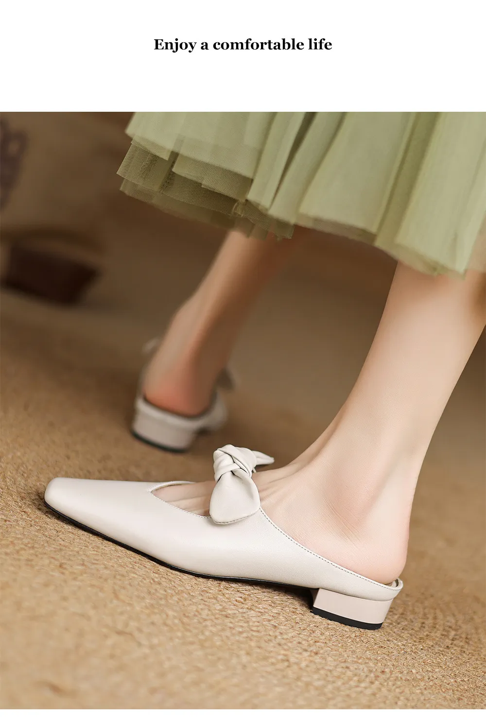 Spring/Summer Slippers, Square Toe, Bow, Chunky Heel, Mid-Heel, Fashionable Women's Shoes, Simple and Comfortable