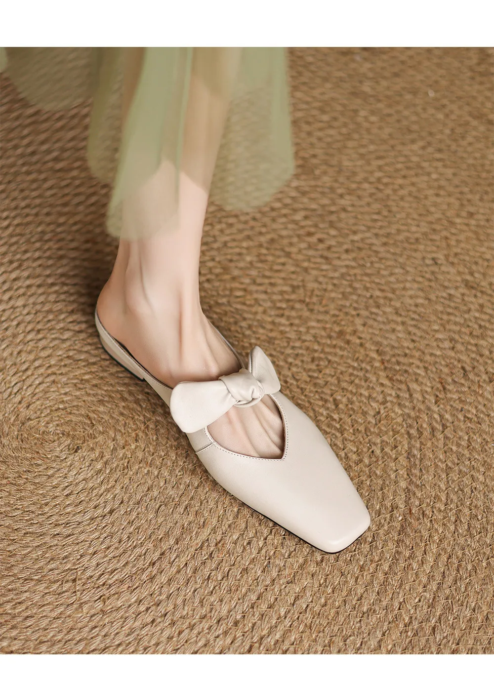 Spring/Summer Slippers, Square Toe, Bow, Chunky Heel, Mid-Heel, Fashionable Women's Shoes, Simple and Comfortable