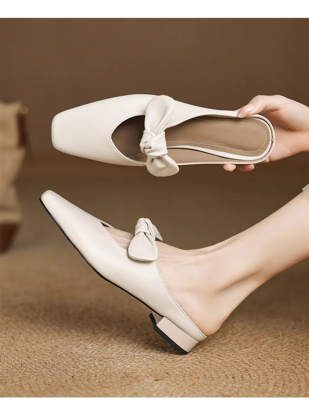 Spring/Summer Slippers, Square Toe, Bow, Chunky Heel, Mid-Heel, Fashionable Women's Shoes, Simple and Comfortable