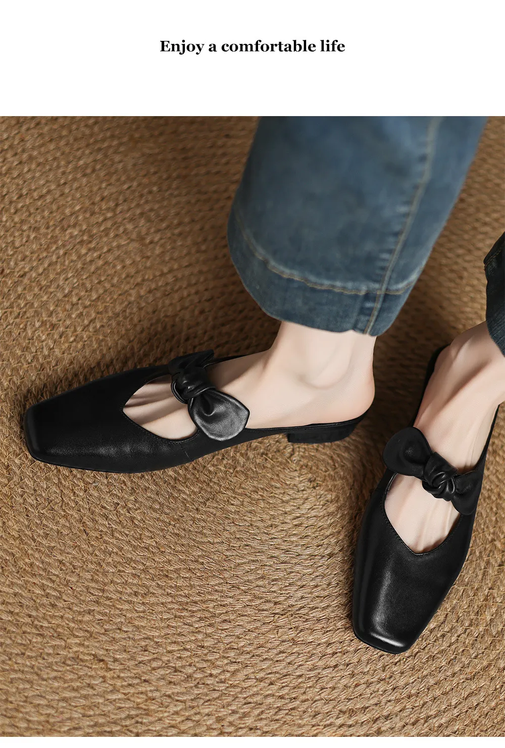 Spring/Summer Slippers, Square Toe, Bow, Chunky Heel, Mid-Heel, Fashionable Women's Shoes, Simple and Comfortable