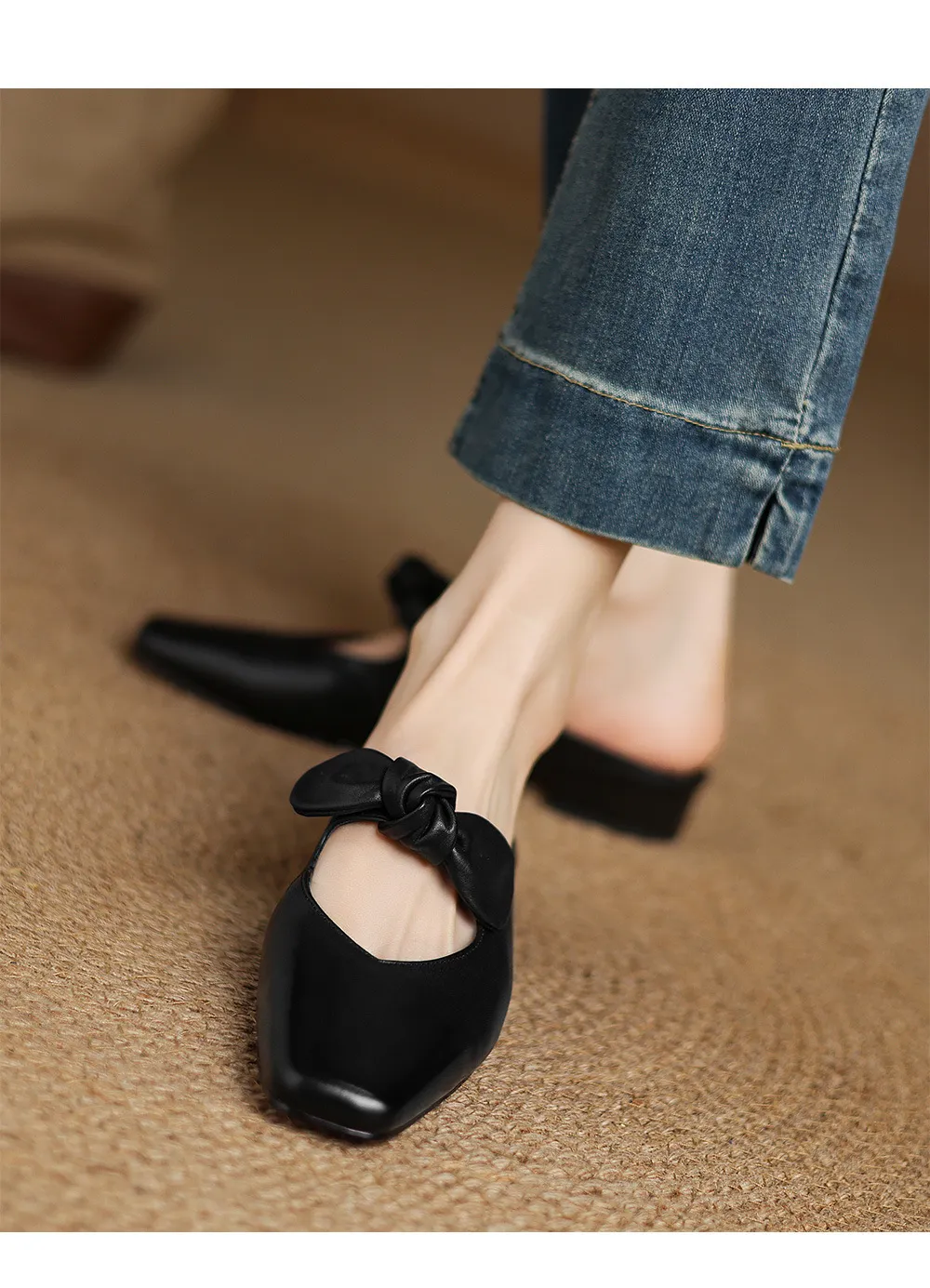 Spring/Summer Slippers, Square Toe, Bow, Chunky Heel, Mid-Heel, Fashionable Women's Shoes, Simple and Comfortable