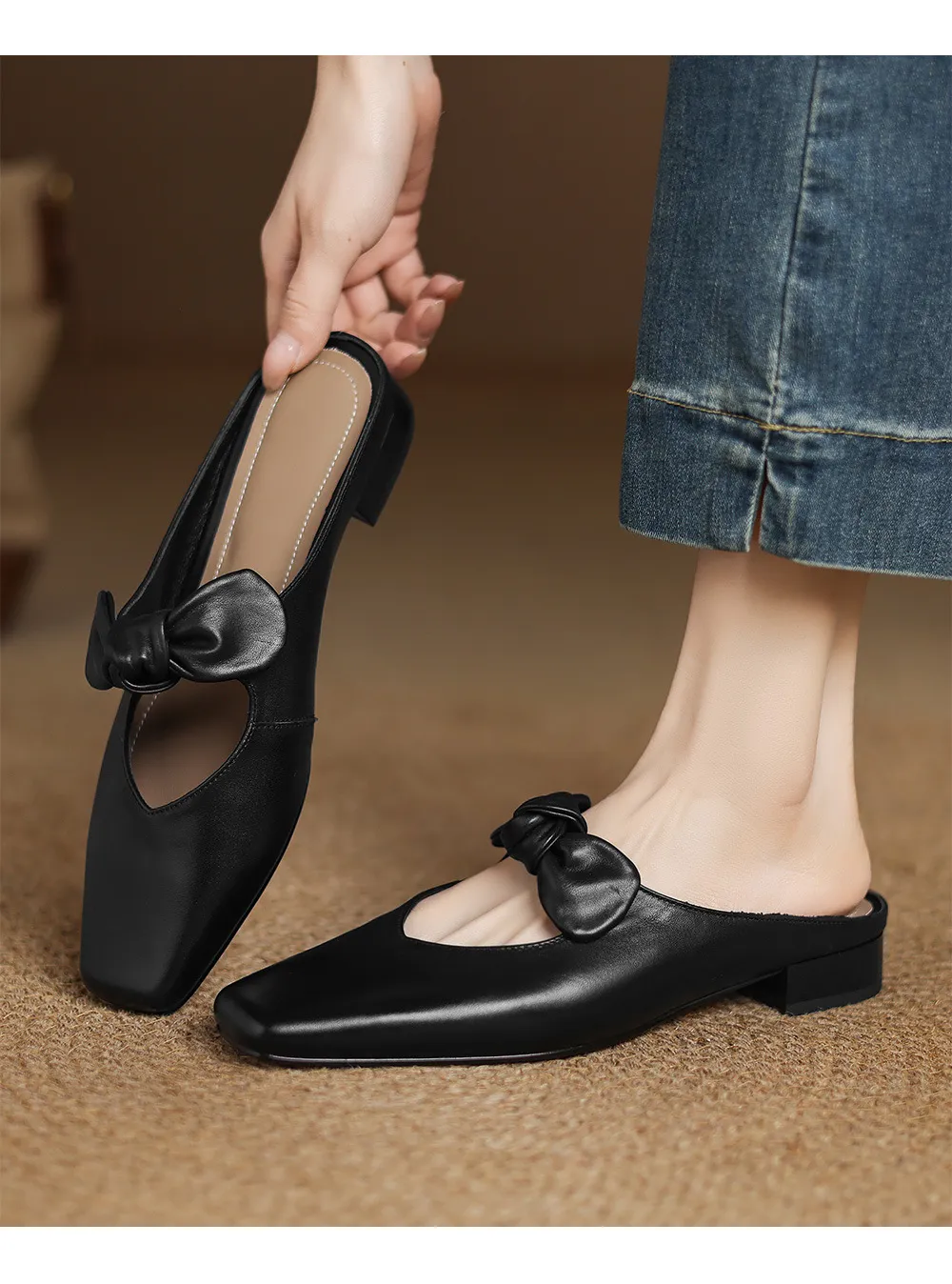 Spring/Summer Slippers, Square Toe, Bow, Chunky Heel, Mid-Heel, Fashionable Women's Shoes, Simple and Comfortable