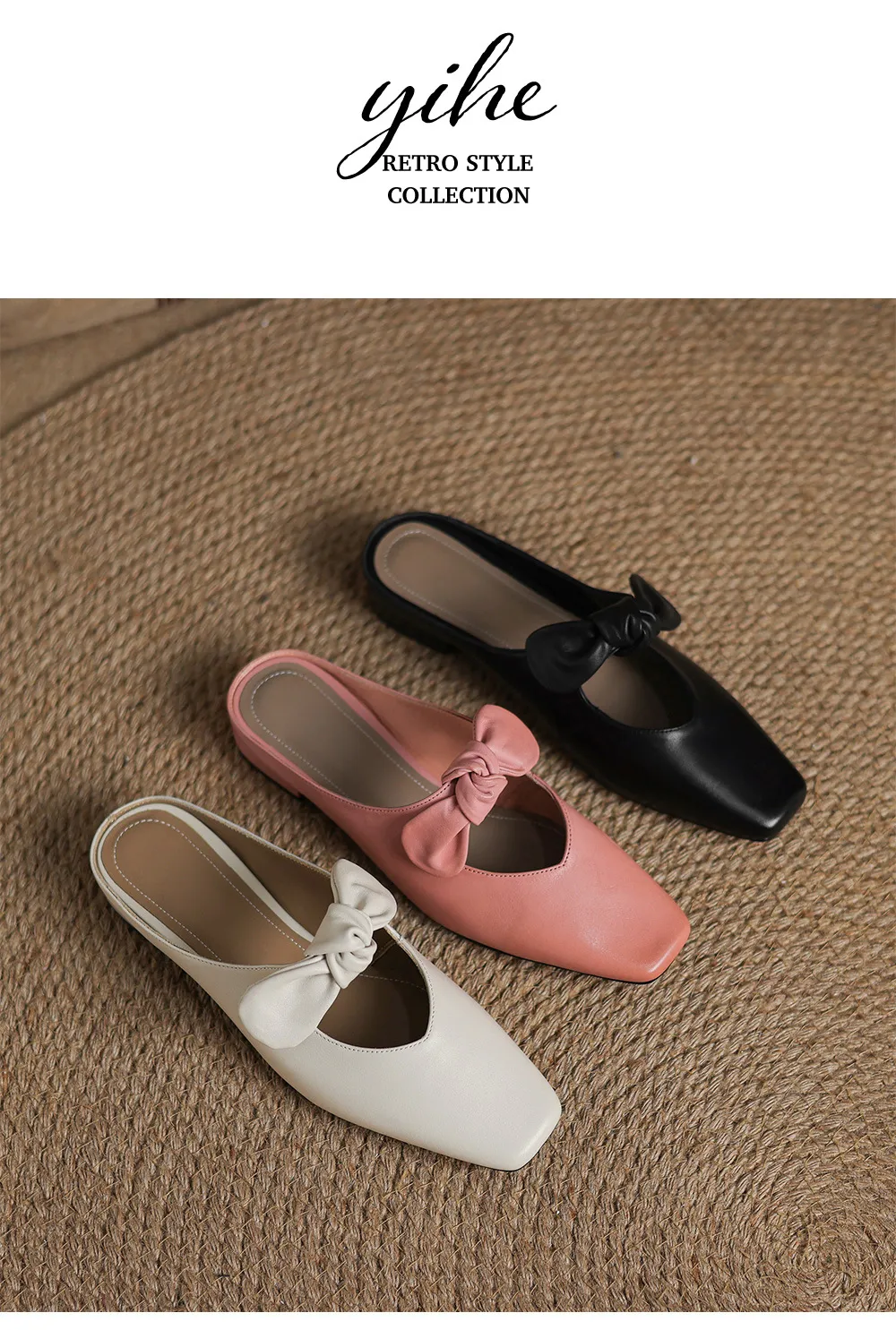 Spring/Summer Slippers, Square Toe, Bow, Chunky Heel, Mid-Heel, Fashionable Women's Shoes, Simple and Comfortable