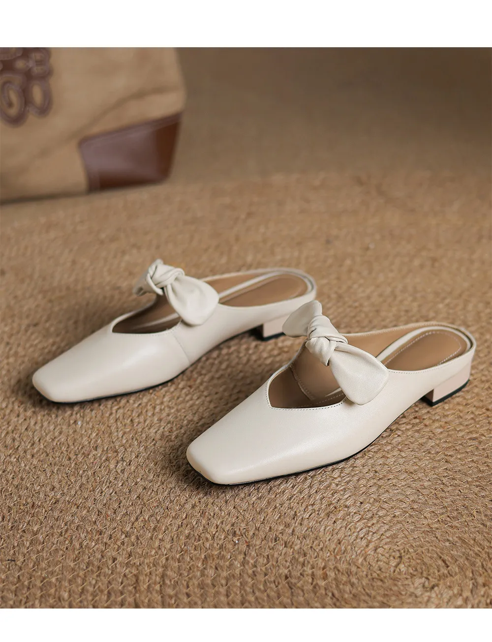 Spring/Summer Slippers, Square Toe, Bow, Chunky Heel, Mid-Heel, Fashionable Women's Shoes, Simple and Comfortable