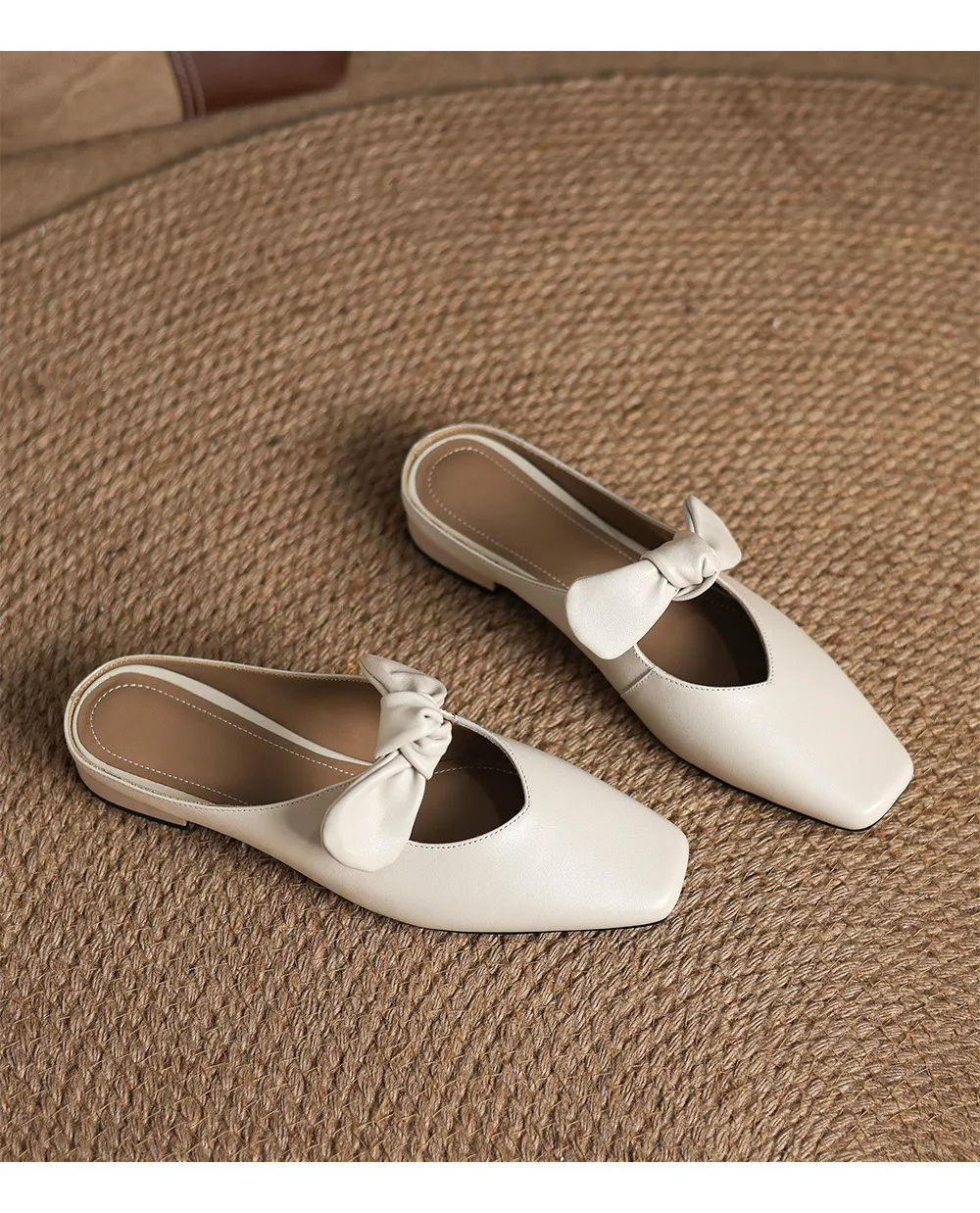 Spring/Summer Slippers, Square Toe, Bow, Chunky Heel, Mid-Heel, Fashionable Women's Shoes, Simple and Comfortable