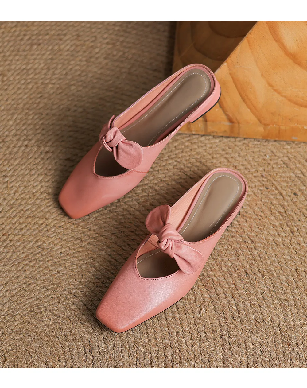 Spring/Summer Slippers, Square Toe, Bow, Chunky Heel, Mid-Heel, Fashionable Women's Shoes, Simple and Comfortable