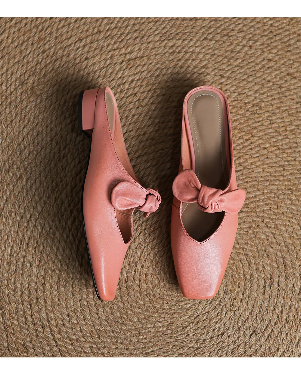 Spring/Summer Slippers, Square Toe, Bow, Chunky Heel, Mid-Heel, Fashionable Women's Shoes, Simple and Comfortable