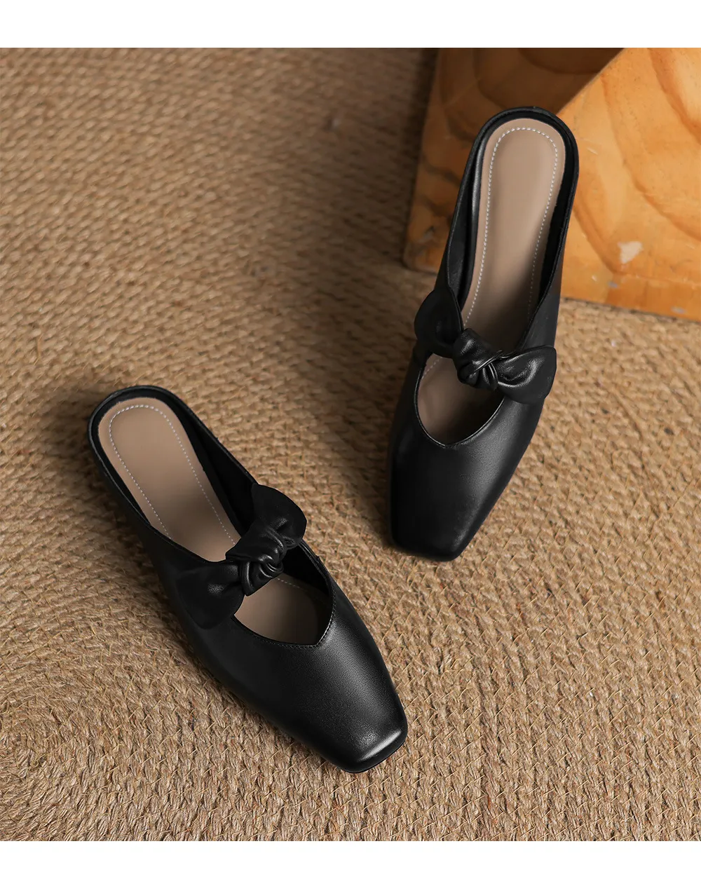 Spring/Summer Slippers, Square Toe, Bow, Chunky Heel, Mid-Heel, Fashionable Women's Shoes, Simple and Comfortable