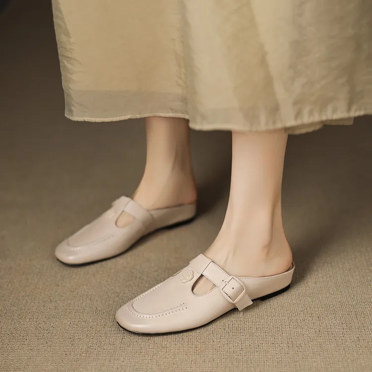 Recommended in-stock spring/summer round-toe slippers, closed-toe flat wedge heels, cowhide women's shoes, 4-20g