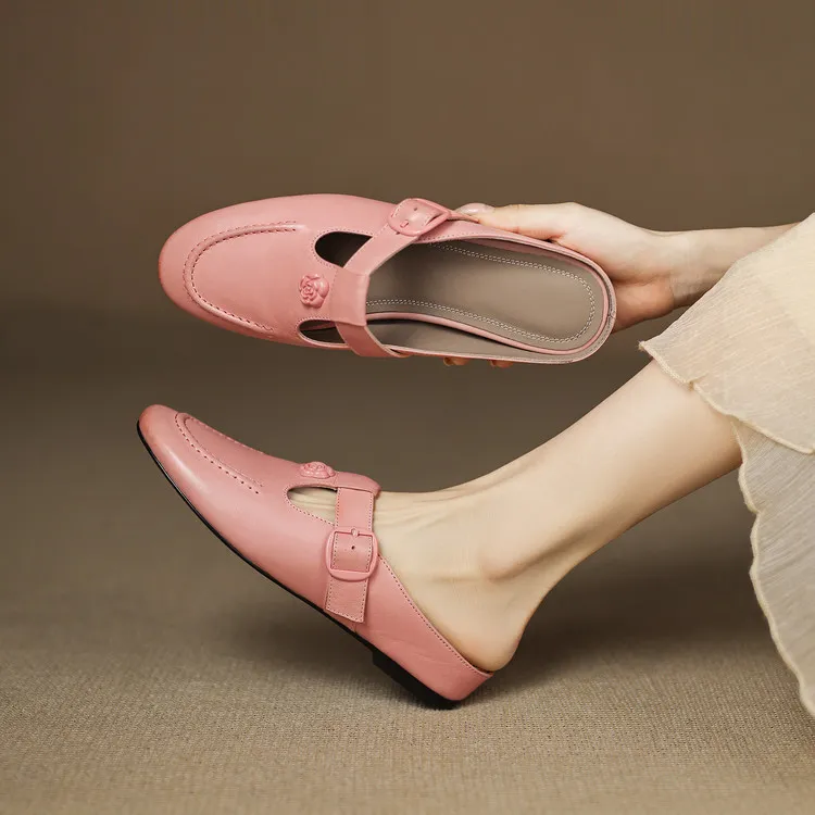 Recommended in-stock spring/summer round-toe slippers, closed-toe flat wedge heels, cowhide women's shoes, 4-20g