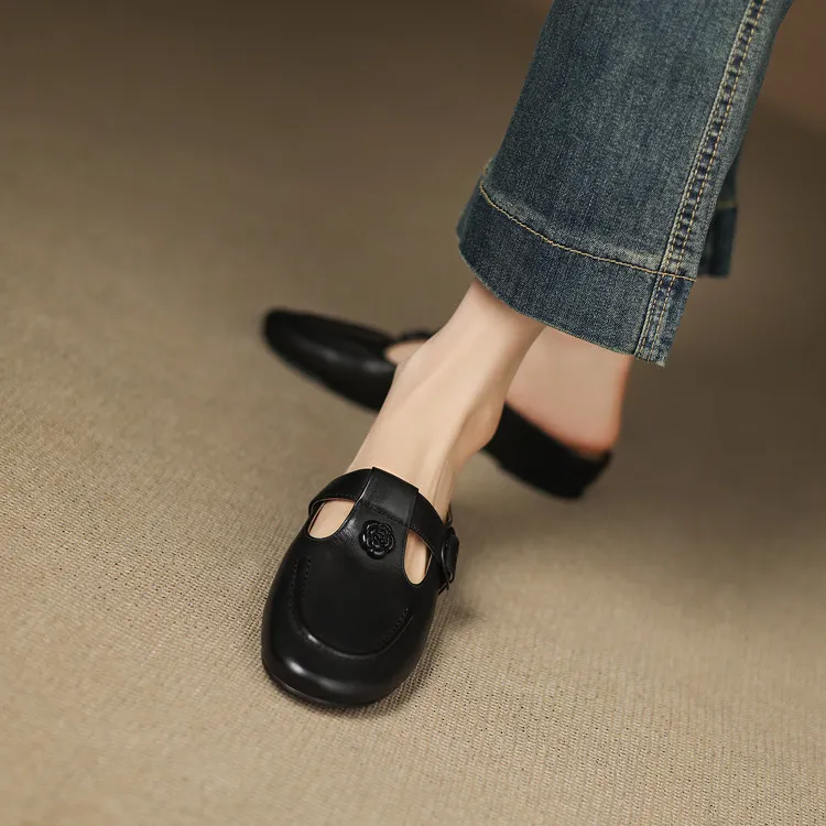 Recommended in-stock spring/summer round-toe slippers, closed-toe flat wedge heels, cowhide women's shoes, 4-20g