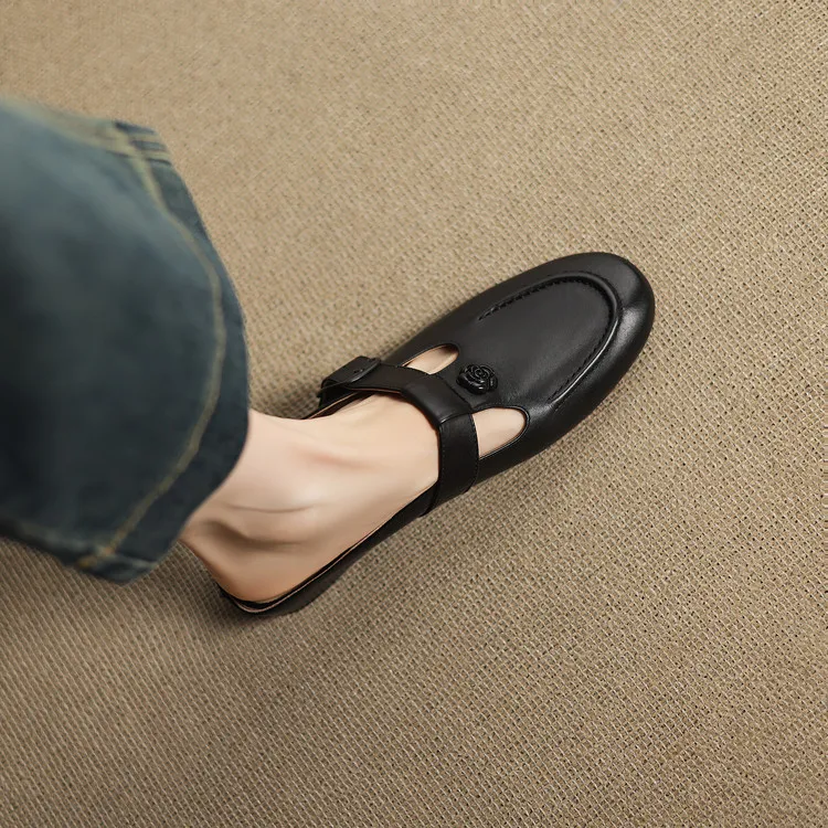 Recommended in-stock spring/summer round-toe slippers, closed-toe flat wedge heels, cowhide women's shoes, 4-20g